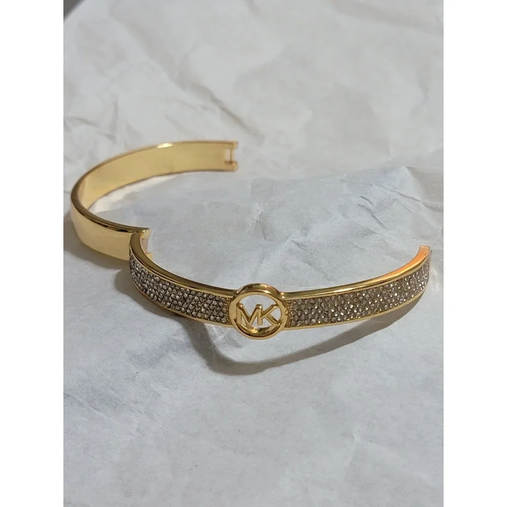 Michael Kors Gold Tone Pave Crystal Logo Bangle Bracelet and Stud Earrings Set‎